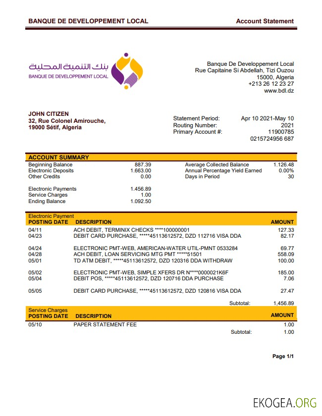 Algérie Banque De Développement Local Bank Statement